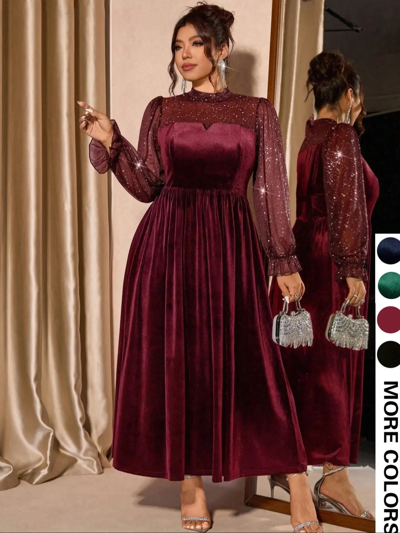 Elegant Aesthetic Plus Size Women's Mesh Velvet Fabric Dress, Polka Dot  Bubble Sleeves, High Waist Cinched, Long Sleeve Fitted Tiered Layer, Party  Wear - TikTok Shop