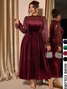Elegant Aesthetic Plus Size Women's Mesh Velvet Dress, Polka Dot Bubble Sleeves, High Waist Cinched, Long Sleeve Fitted Tiered Layer, Party Wear