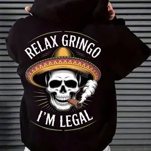 Men's Casual Round Neck T-Shirt - Relaxed Gringo Skull Graphic, Mexican Sombrero Art Design, Chicano Heritage Statement, Urban Streetwear Tropical Top Tshirt