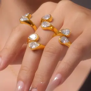 Double Teardrop Open Ring for Women, Golden Tone Adjustable Bypass, Pear-Cut Pave CZ Sparkly Cocktail Ring, Hypoallergenic, US 6-8, Minimalist TikTok-Viral Gift for Birthday, Party & Date