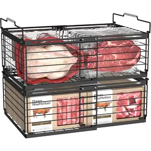 Freezer Organizer Bins, 2 Packs Large Expandable Stackable Chest Freezer Containers with Handle, Baskets for Fridge, Deep Freezer, Cabinet,, Pantry - Black