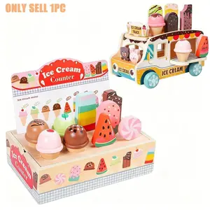 Children's Pretend Play Ice Cream Truck: Realistic Vending Scene + Adorable Color Scheme in White, Suitable for Both Boys and Girls. Kids Engage Fully, Safe Design for Parents' Peace of Mind. Rounded Edges for Parents' Assurance, Wooden Play Food