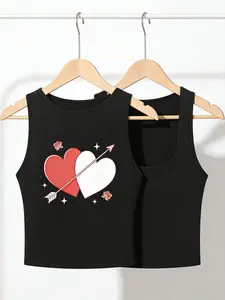 Women's Sleeveless Heart Print Crop Top, Y2K Style Fitted Design, Soft Skin-Friendly Fabric, Perfect for Valentine's Day