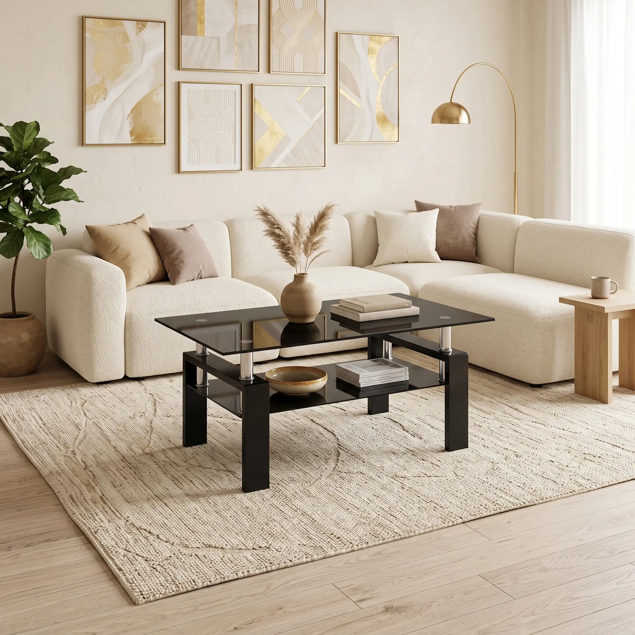 Rectangle Black Glass Coffee Table, Clear Coffee Table,Modern Side Center Tables for Living Room,Living Room Furniture