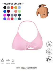 Seamless Halter Neck Sports Bra, Ruched Front & Open Back, Removable Pads, Buttery Soft, 4-Way Stretch, Gym, Yoga, Loungewear