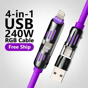 4-in-1 USB Charging Cable, fast charging cable USB A+ TYPE C + Lightning Multi national aluminum alloy cable management suitable for iPhone 16/15/14 Samsung Galaxy, Android Phones & Tablets iPad Pro Smartphone Cellphone Breathing Light