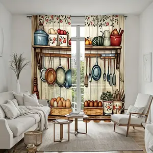 2Pcs Kitchen Utensils Print Curtains, Rustic Farmhouse Style, Easy Install Rod Pocket Design, Room Darkening Window Drapes, Charming Decor, Ideal for Dining Rooms, Home Decoration, Durable Treatment.
