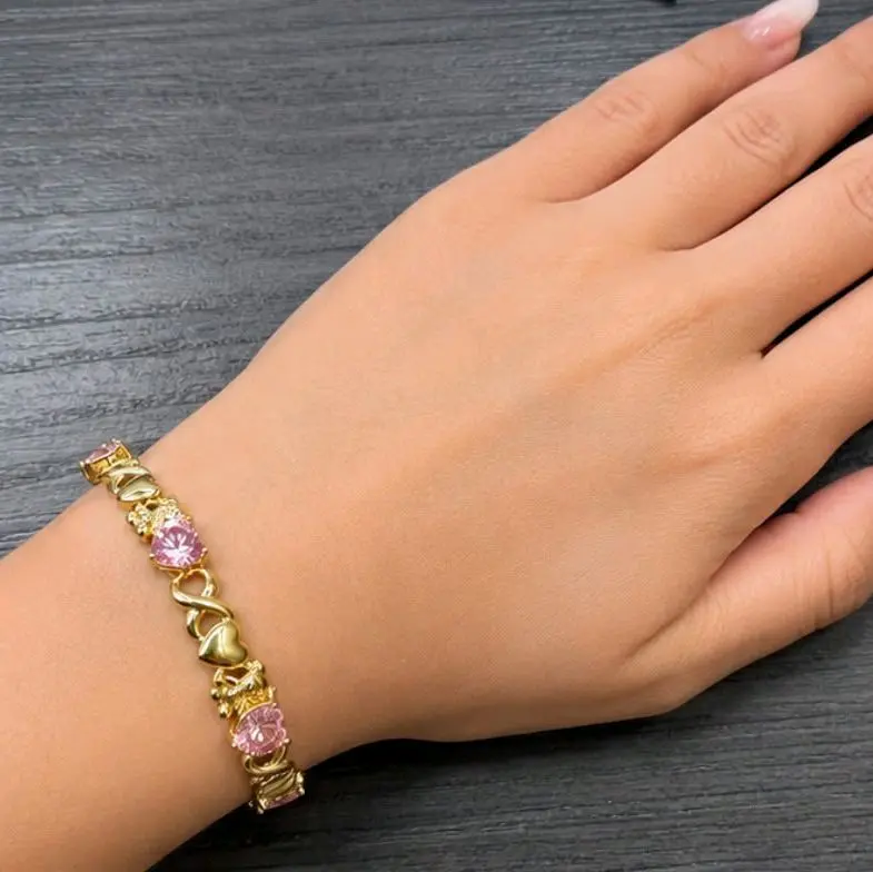 Gold Filled Pink Heart Crystal Teddy & Infinity Bracelet
