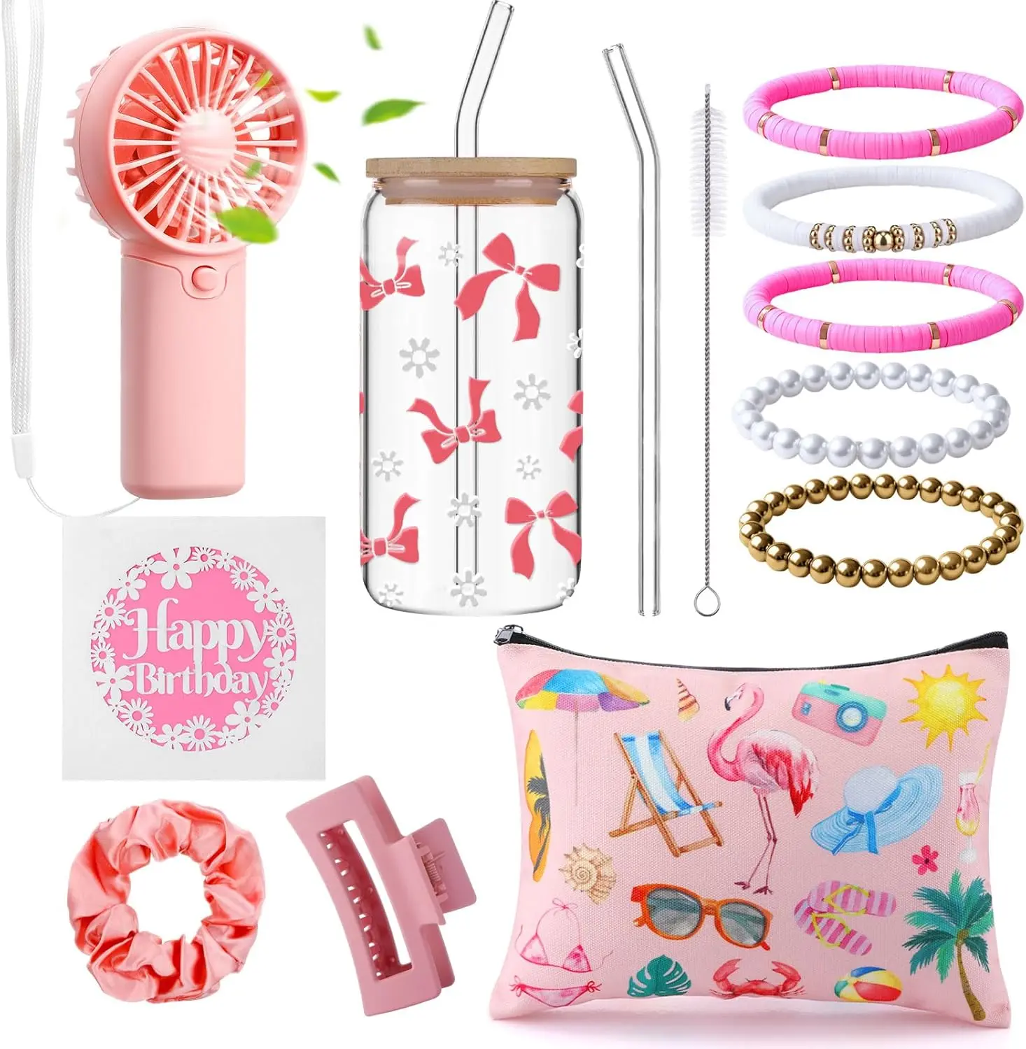7 Pcs Birthday Gifts for Teen Girls Women, Summer Gift Baskets, Cute Daisy Pink Bow Aesthetic Glass Cups Set Happy Birthday Card for Girl Sister Friendship Granddaughter(Pink)