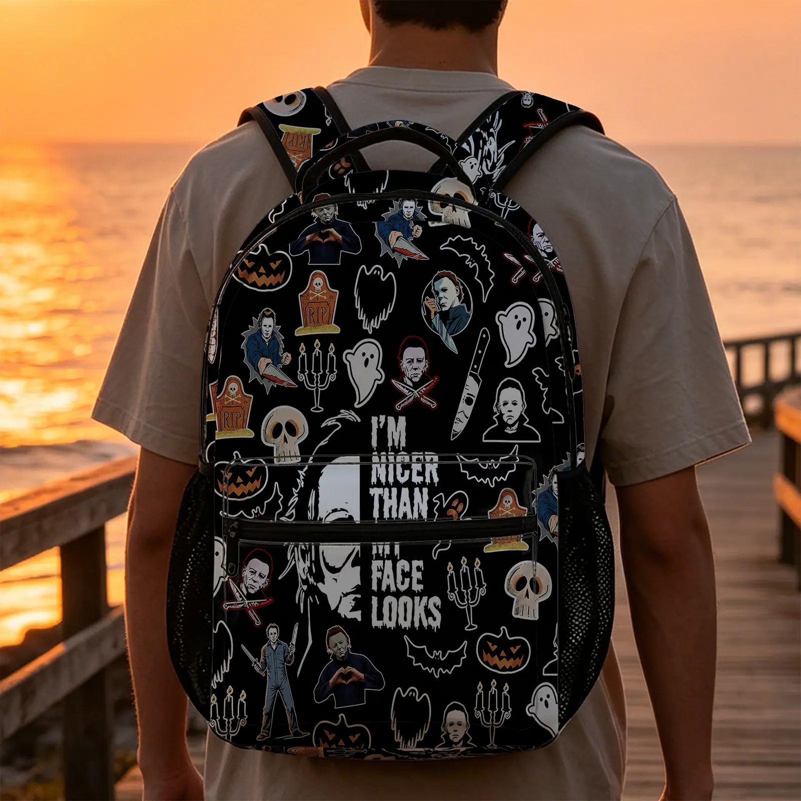 Michael Myers Horror-Themed Unisex Backpack, Gothic School/Travel Bookbag with "I'm Nicer Than My Face Looks" Quote, Large-Capacity Laptop Sleeve Daypack for Teens, Funny Quote, Gothic Look