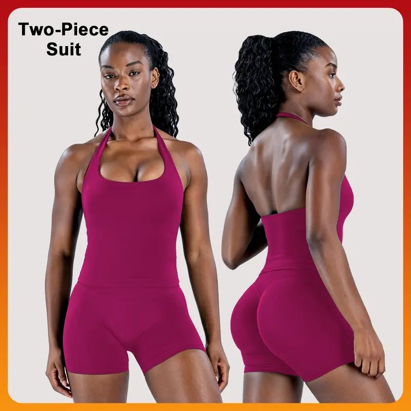 [SIZE UP 1] DENFY Two-Piece Suit Impact Halter Top & Impact Shorts Fitness Yoga Sports Women Activewear Gym Outdoor Tank Tops Hidden Scrunch Butt Lifting Gymwear Shorts Womenswear #BackToSchool