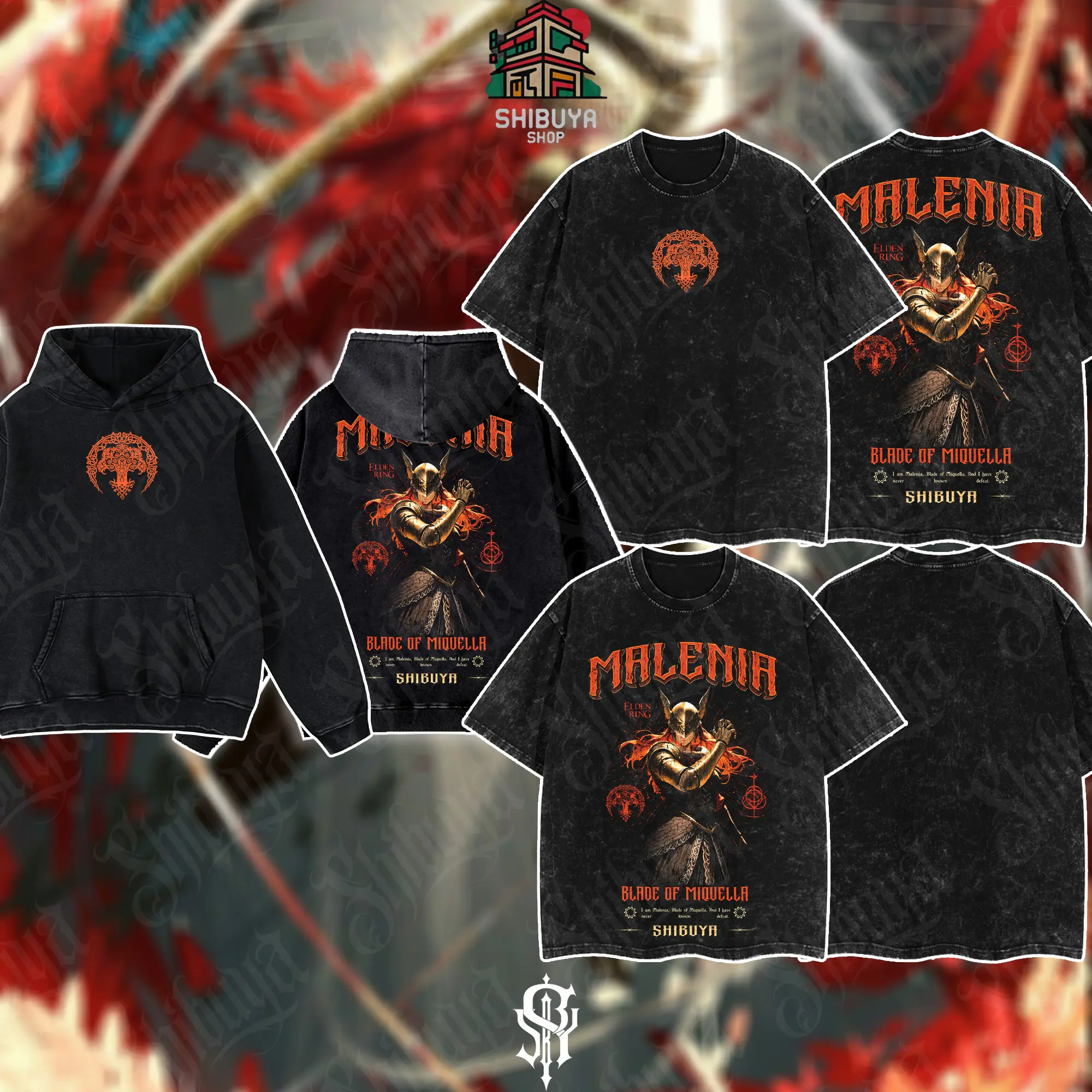 [Shibuya] Malenia Elden Ring Boss Retro Limited Vintage , From Software Collection Game Oversized Washed Tee Acid Washed Lightweight TSHIRT, Gift for him her Clothes Cotton