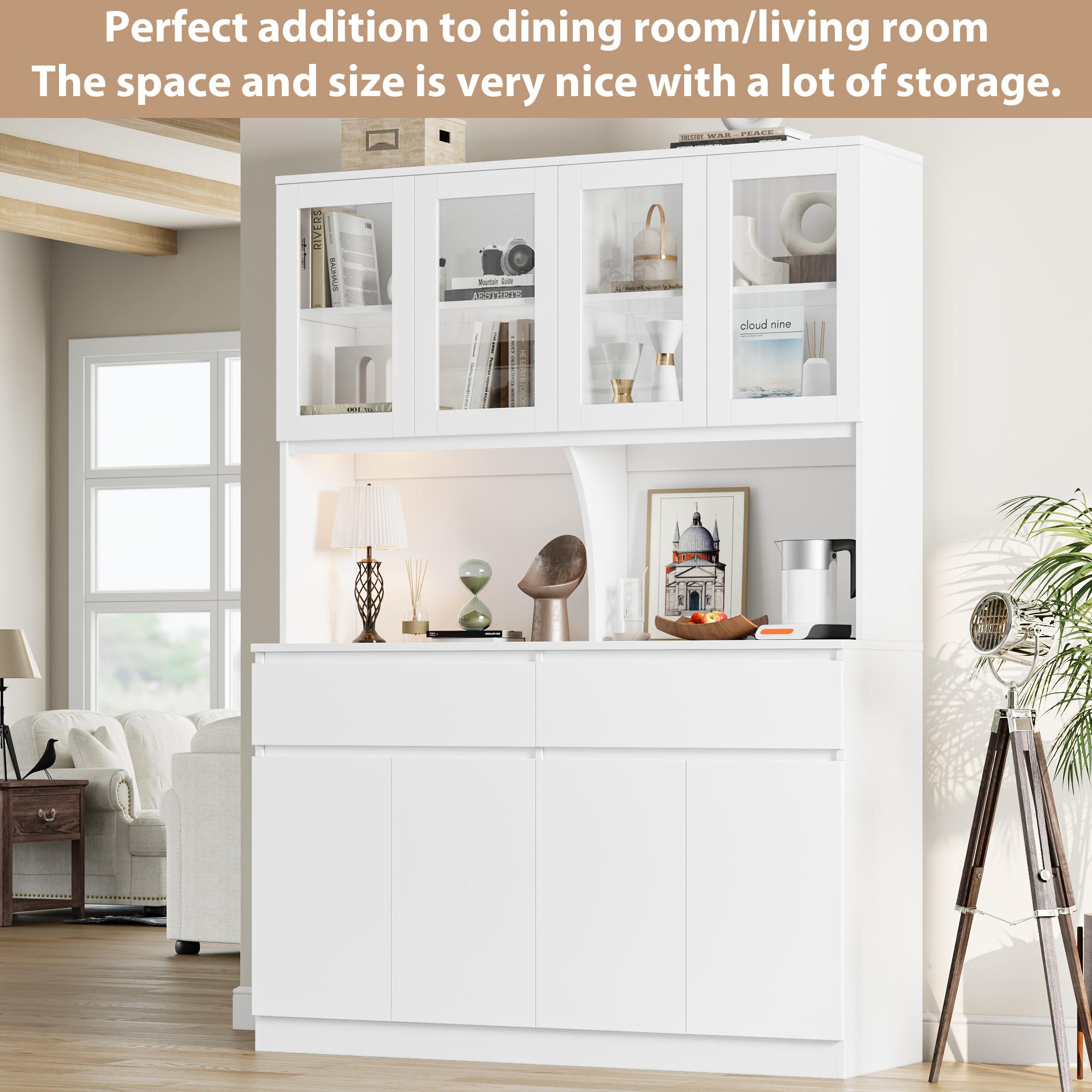 FOTOSOK  74.8" Tall Pantry Cabinet, 55.1" Wide Kitchen Pantry Cabinet  with 2 Drawers, Kitchen Hutch with Microwave Stand, Tall Storage Cabinet for Living Room, White