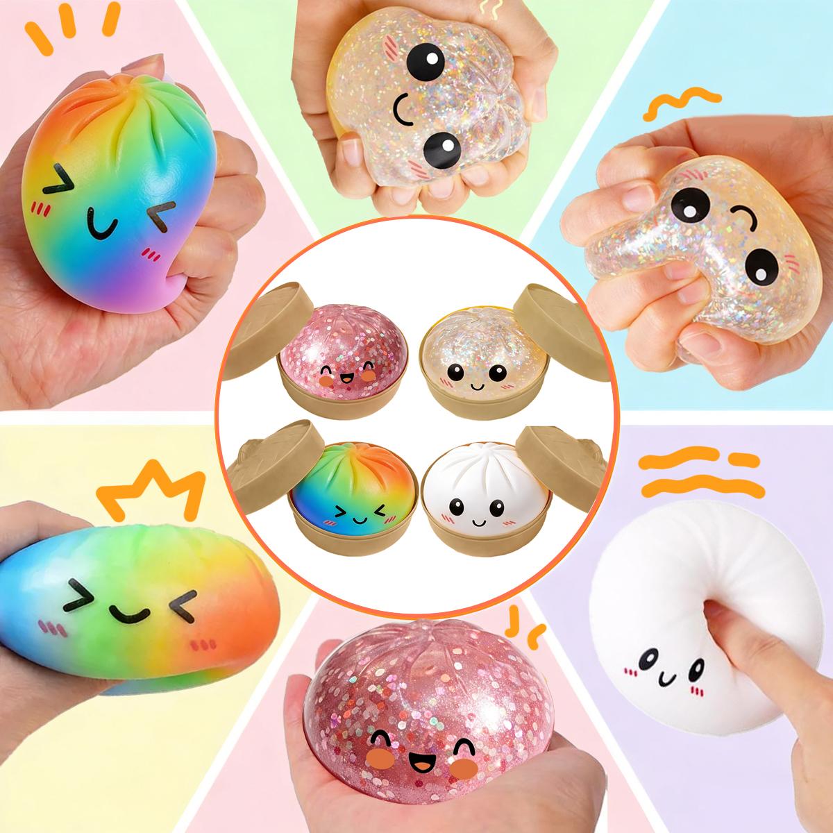 Glitter Dumpling Squishy with Steamer Box, Soft Sensory Squeeze Toy for Stress Relief, Mystery Glitter Dumplings, Decompression Dough