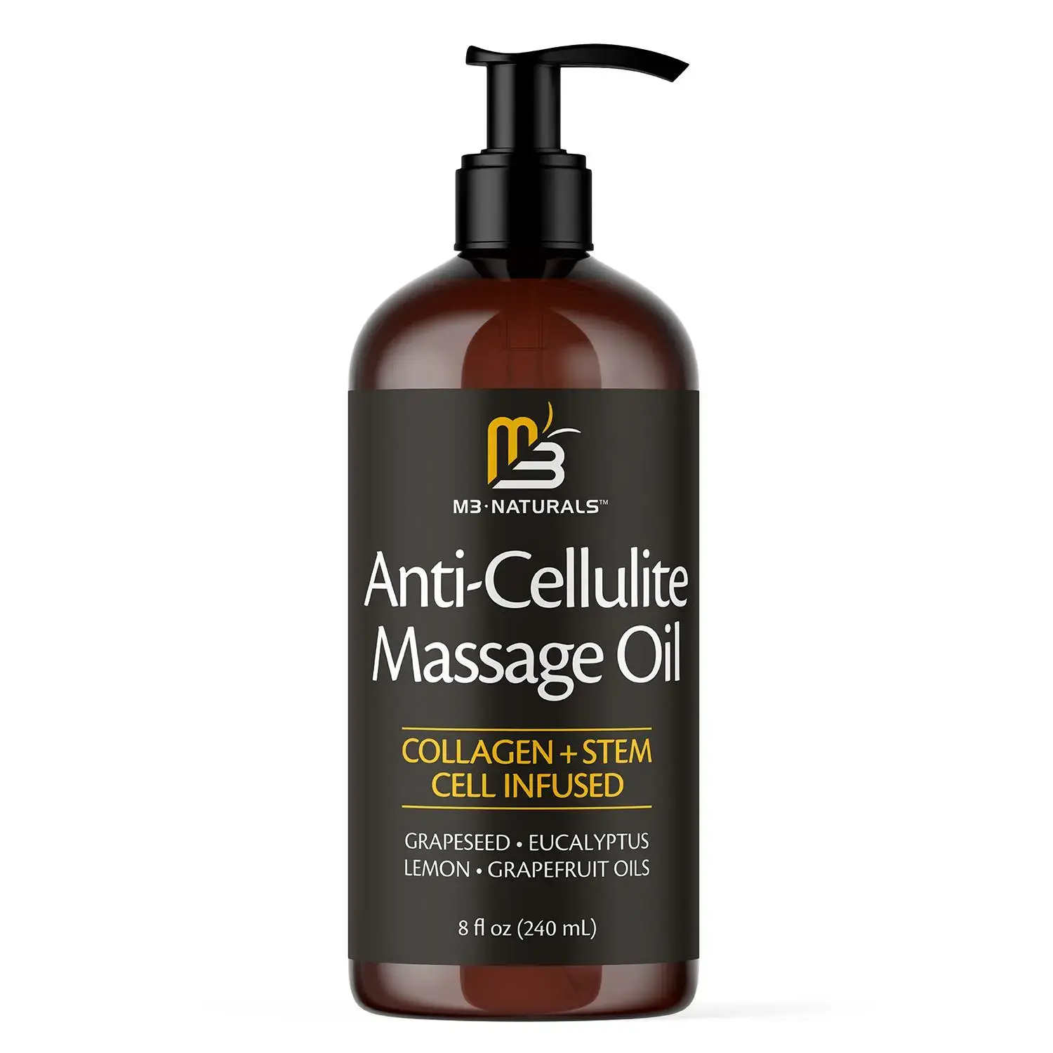 M3 Naturals Anti Cellulite Massage Oil 8oz - Smooth the Appearance of Cellulite - Body Care & Skin Care Massage Oil - Topical Collagen and Plant Stem Cell Body Oil to Restore Texture and Elasticity - Soothing Body Oil Moisture