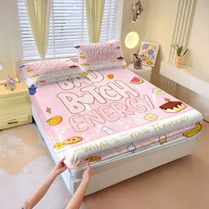 Pink Y2K Bad Bitch Energy Fitted Sheet Sets,Cartoon Dessert Print Bed Sheet Sets,Includes 1 Fitted Sheet & 2 Pillowcases,Deep Pocket Design,Soft Breathable Girly Bedding for Girls Bedroom,Dorm & Guest Room,Trendy Aesthetic Gift for Teen Women