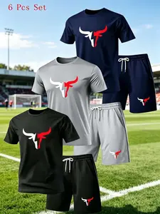 6-Piece Men's Casual Sportswear Set, Short Sleeve T-Shirts and Shorts, Breathable Polyester, Geometric Print, Ideal for Running and Fitness