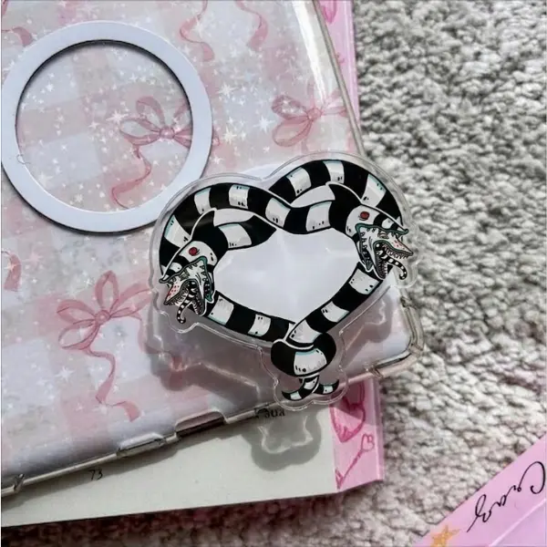 Sandworm Heart MagSafe Phone Grip, Beetlejuice Inspired Griptok, Spooky Heart Phone Stand, Black & White Striped Snake Accessory, Ghost with the Most Gift