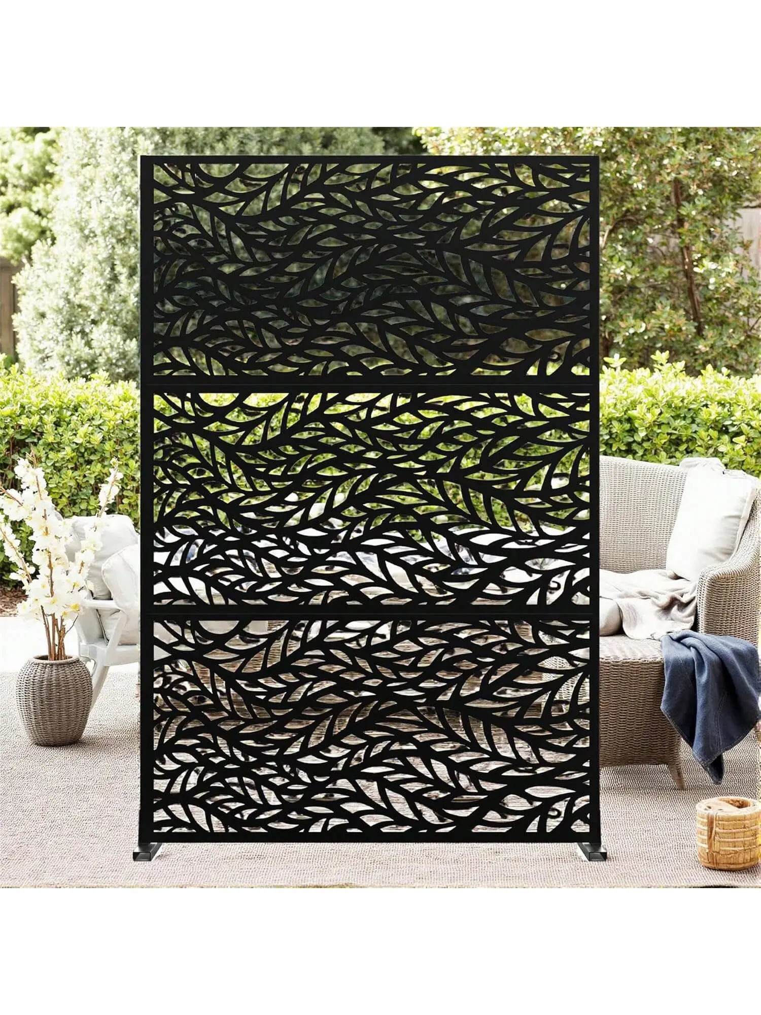 【Christmas Gift】Modern Corrosion-Resistant Fade-Resistant Black/Leaves Metal Privacy Screen, 72" H x 47" W 3-Panel Freestanding Decorative Fence, Outdoor Living Divider with Stand for Patio Lawn Balcony