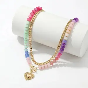 Double Layer Heart Pendant Necklace for Women Colorful Beaded Choker Y2K Aesthetic Gold Curb Chain Toggle Clasp Jewelry Trendy Dopamine Style Birthday Gift for Her Anniversary Present All-season Accessories