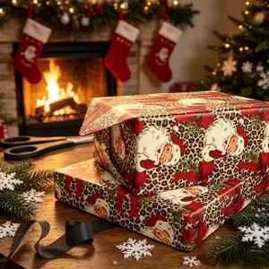 Christmas Wrapping Paper – Vintage Santa Claus and Leopard Print Design – Exquisite Red Bow – Retro Holiday Style – Unique Decorative Gift Wrap – Perfect for Christmas Gift Wrapping, Holiday Decorations, and Festive Gift Wrapping