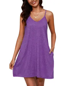 Festive Gift for Her - Plus Size Women's Purple Cotton Sleep Dress, Sleeveless Spaghetti Strap V-Neck Slip Nightgown with Pockets for Christmas, Comfort & Gift Idea