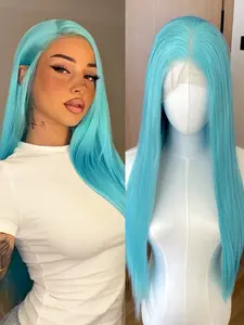 Light Blue Long Silk Straight Hair Synthetic Wig Heat Fiber Pre Pluncked Sky Blue Hair Lace Front Wigs for Women Men Use 13*4 Deep Lace 26 Inches Cosplay Makeup Hair