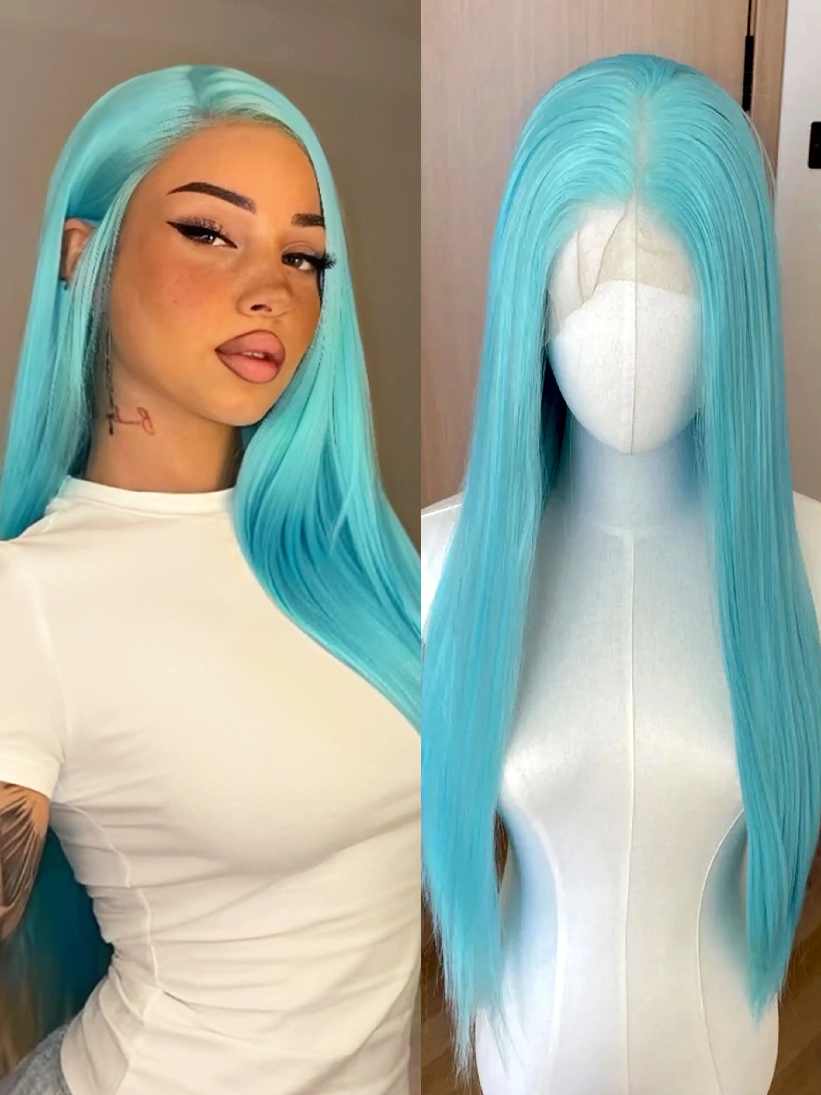 Light Blue Long Silk Straight Hair Synthetic, Artificial Wig Heat Resistant Pre Pluncked Lace Front Wigs Gender Neutral 13*4 Deep Lace 26 Inches Cosplay Makeup Role Play Wig