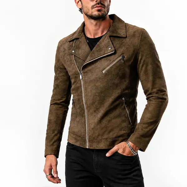 Men's Brown Faux Suede Biker Jacket – Raglan sleeve design, fold-over collar, multiple zipper pockets, sleek and stylish outerwear, a must-have for everyday wear and trendy outfits