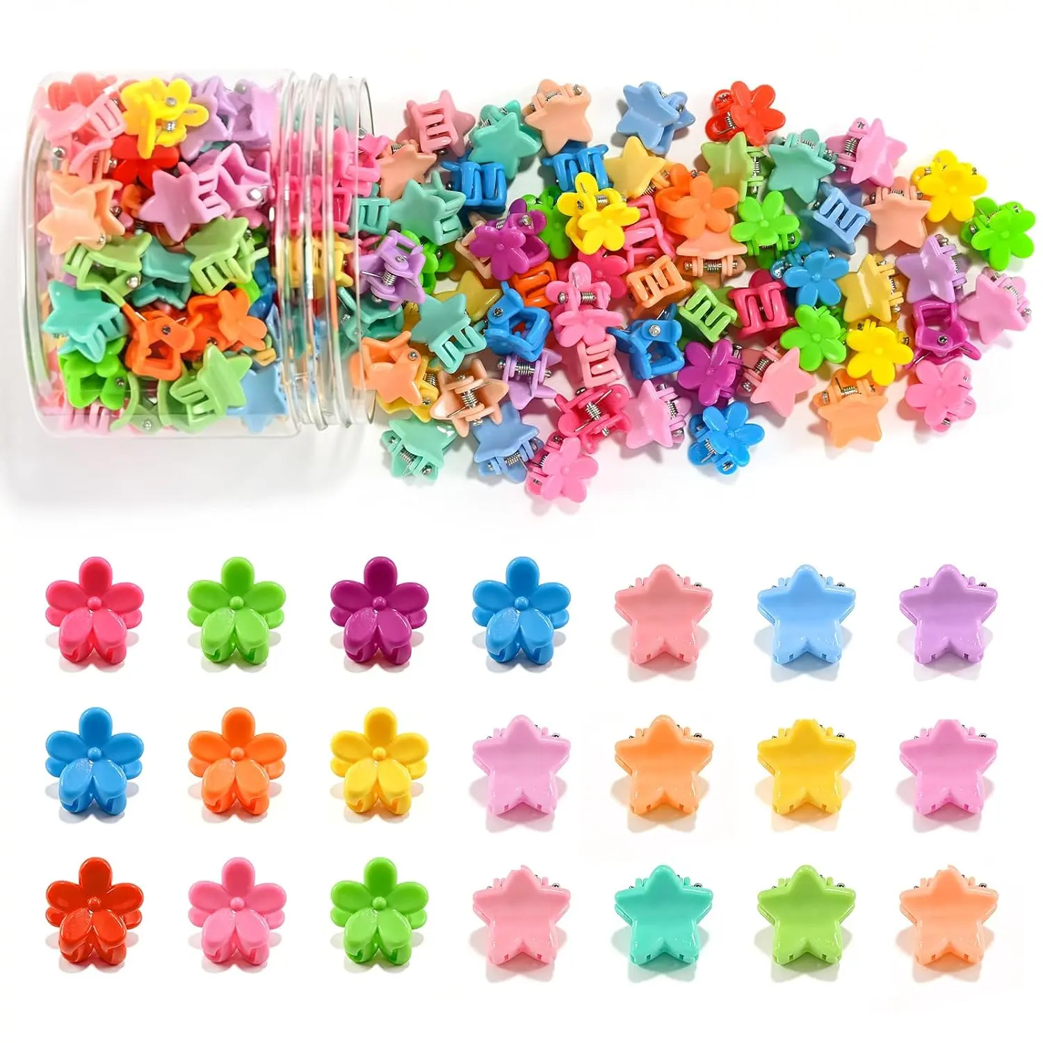 100Pcs Mini Flower Hair Clips, Hair Accessories (Bright Color-Flower+Star) Colorful Cute Claw Clips, Tiny Small Barrettes, Bangs Strong Grip, for Women Girls