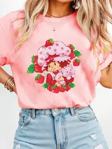 Cute Cartoon Strawberry Cream Cat Garden Friend T-Shirt, Round Neck Loose-Fitting Summer Top for Women, Casual Fruits Print Tee