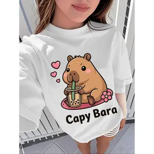 Girls' Fashion Capybara Healing Soft and Cute Capybara T-shirt! With love and milk tea capybara cartoon pattern printing design, it's casual and comfortable, suitable for outdoor wear. Graphic Tee Graphic Printed Shirt