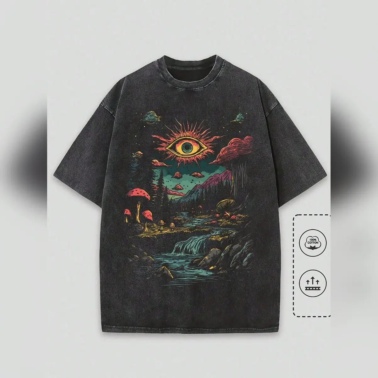 Women's Vintage Streetwear Graphic Sweatshirt with Fantasy Forest Sun Eye Print - Cotton Blend Crew Neck Long Sleeve Pullover for Casual Halloween Wear, T-Shirt, Beach, Short