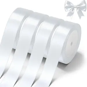 1 Inch x 4 Rolls White Wide Satin Fabric Ribbon for Gift Packaging Christmas Wedding Flower Bouquet Holiday Party Invitation