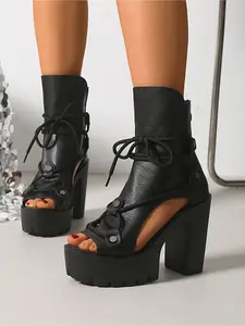 Women's Lace-Up Cutout Platform Heel Booties, Chunky Block Heel Punk Party Shoes, High Heels