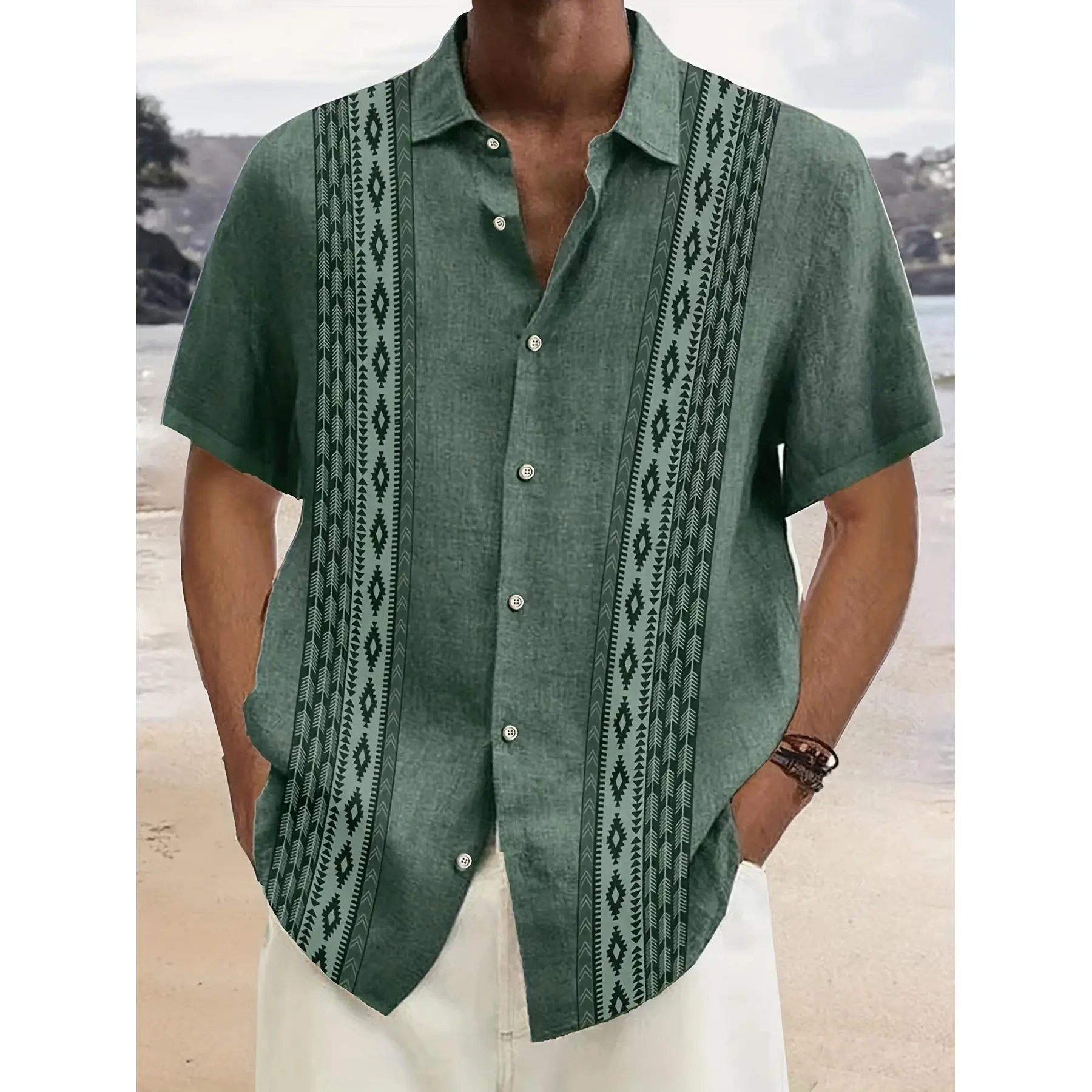 Men's All-Over Print Shirt, Vintage Geometric Woven Polyester, Casual Short Sleeve Button-Up for Summer Wear, Shortsleeve