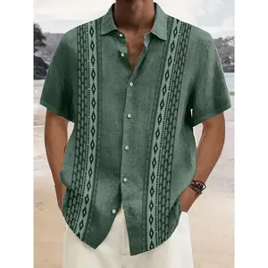 Men's Casual Vintage Geometric Ethnic Print Shortsleeve Button-Up Menswear Top, Plus Size 0105