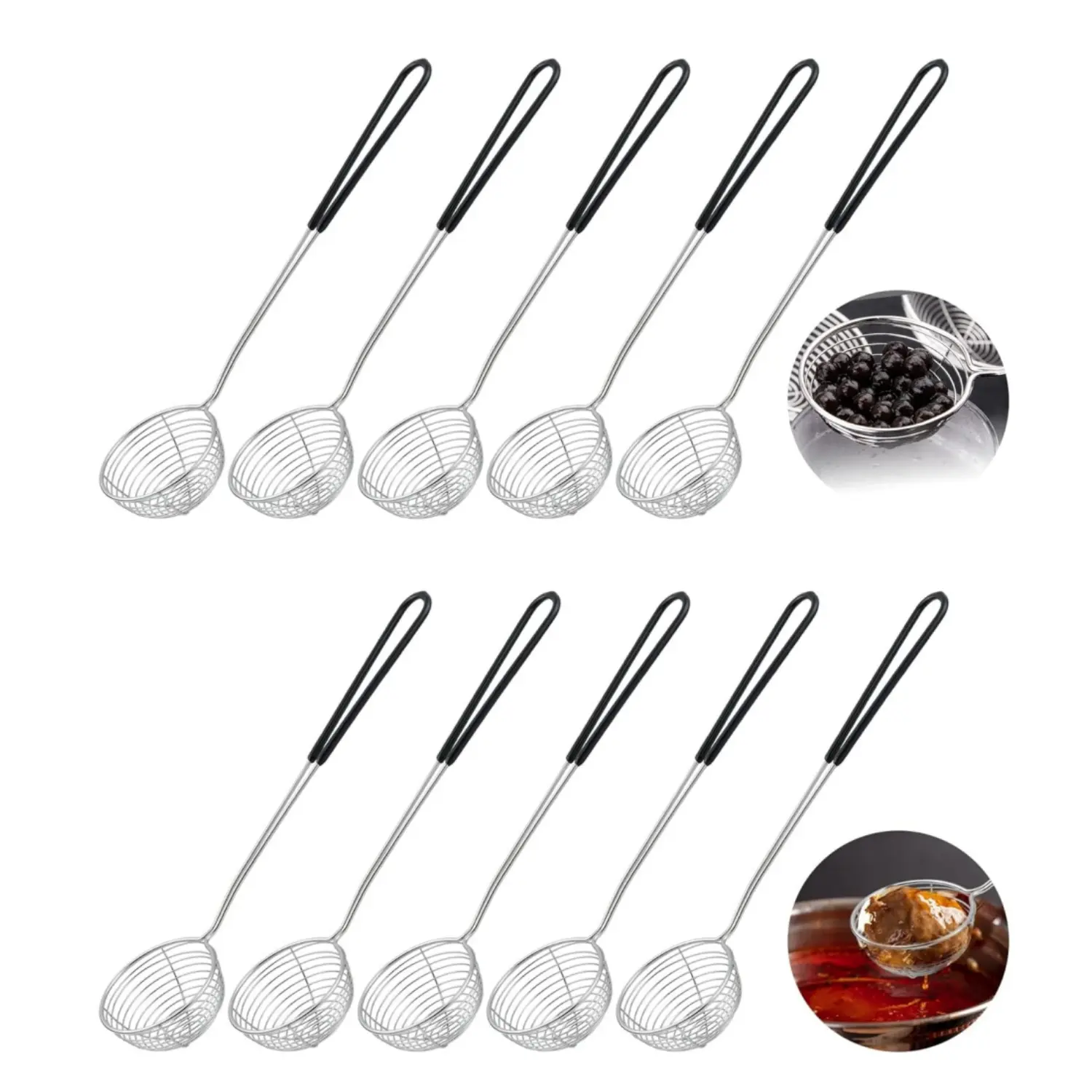 10Pcs Heavy-Duty Stainless Steel Hot Pot Strainer Scoops - 2.5In High-Polish Finish Spider Strainer Skimmers with Insulated Long Handles, Ergonomic Structure for Kitchen Cooking, Frying, Easy to Clean Home Improvement Building Supplies