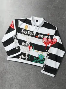 Street fashion casual printed striped Polo collar lapel long sleeved T-shirt unisex bee print black and white striped polo shirt