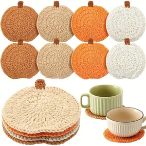 4pcs Pumpkins Round Coaster Handmade Knitted Drink Coaster Set Autumn Drink Cup Pad Mats Absorbent Bottle Mug Place Mats for Table Protection Fall Halloween Thanksgiving Themed Party Decoration