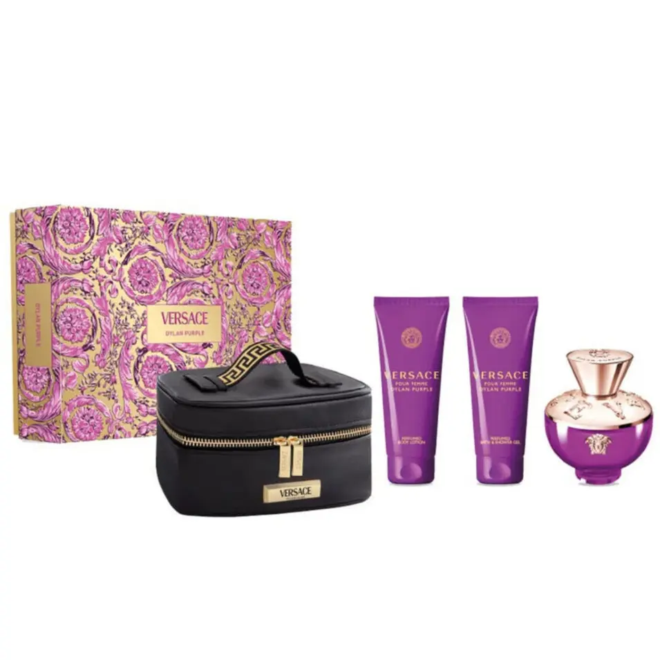 VERSACE Dylan Purple Pour Femme 4pc Gift Set – 3.4 oz EDP, Body Lotion, Shower Gel & Versace Travel Bag Scented Feminine