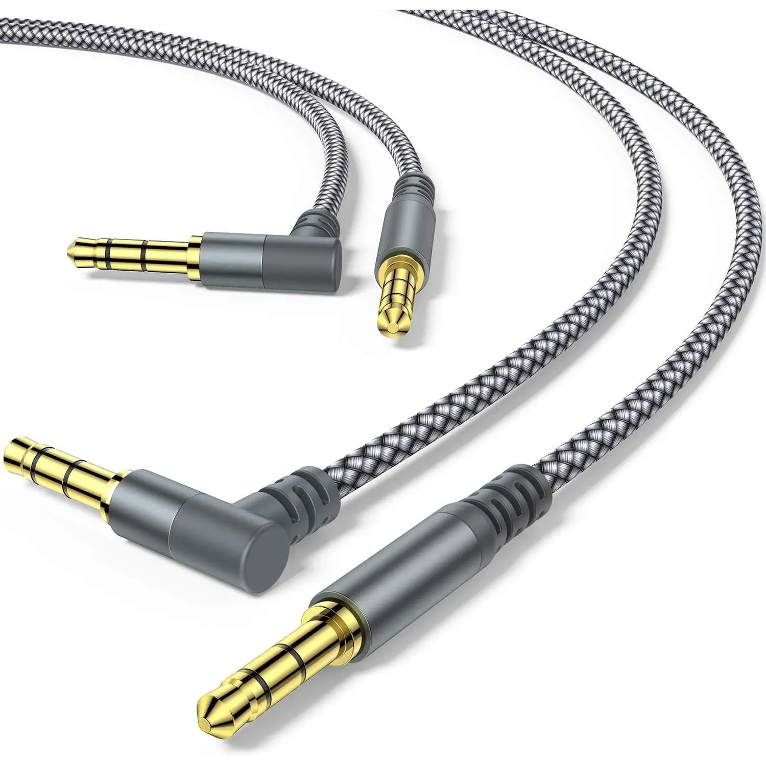 2 Pack Aux Cable, 10ft TRS Auxiliary Cables 90 Degree Right 3.5mm Nylon Braided 1/8 AUX Cord for Car Compatible with Stereos, Speaker, iPod iPad Smartphone, Headphones Sony,Echo Dot,Beats- Grey