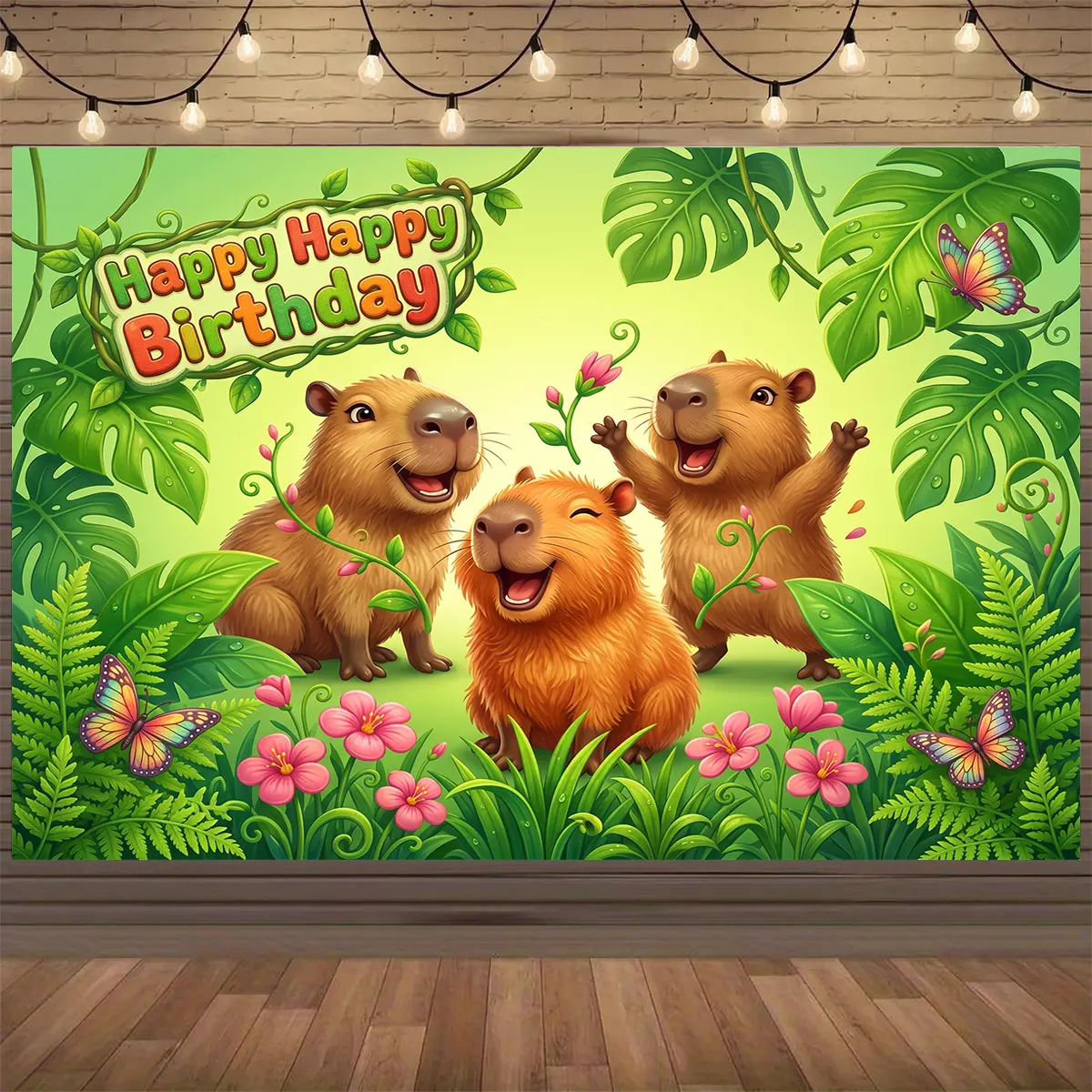 1pc Capybara Birthday Party Banner - Vibrant Polyester Wall Decor with "Happy Birthday" Text, Cheerful Capybara Design, and Colorful Butterflies & Flowers, Perfect for Room, Home, or Party Background Decorations, Party Wall Decor | Cheerful Theme | Polyes