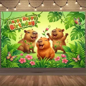 1pc Capybara Birthday Party Banner - Vibrant Polyester Wall Decor with "Happy Birthday" Text, Cheerful Capybara Design, and Colorful Butterflies & Flowers, Perfect for Room, Home, or Party Background Decorations, Party Wall Decor | Cheerful Theme | Polyes