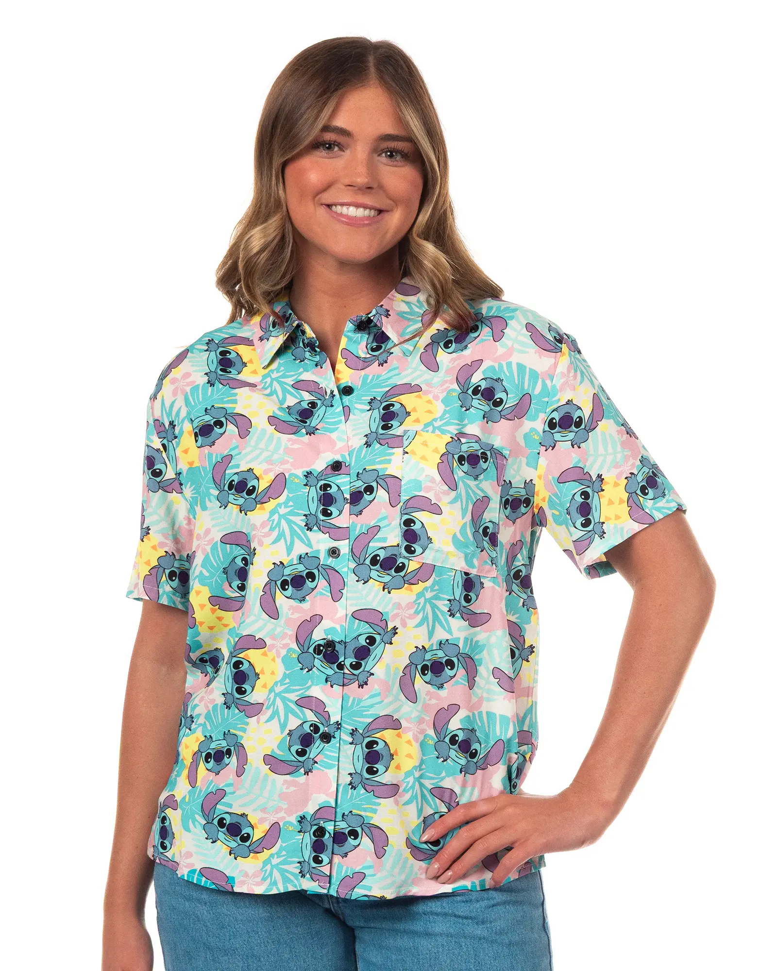 Disney Lilo and Stitch Hawaiian Shirt Junior Women's Tropical Pineapples Button Up Woven Top, Smooth, Garment, Pocket, Graphic, Jeans, Trouser, Rayon