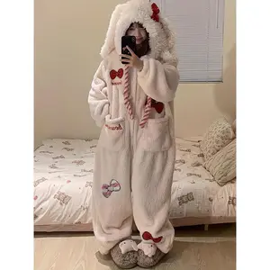 Cutebow-knotone-piecepajamas,Women'slong-sleevedhoodedzippercosplaypartypajamashomeclothes,thickenedandvelvetwarmouterwearhoodedjumpsuit,HalloweenCostumeWomenPlusSize,WomensHalloweenCostume,HalloweenCostumesWomen Loungewear Nightwear