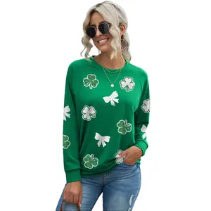 Green Sequin Bow Clover Graphic Pullover Sweatshirt