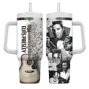 Elvis Presley 40oz Tumbler With Straw And Handle, Rock And Roll Tumbler, Guitar And Photo Collage Stainless Steel Cup, Gift for Rock Lover