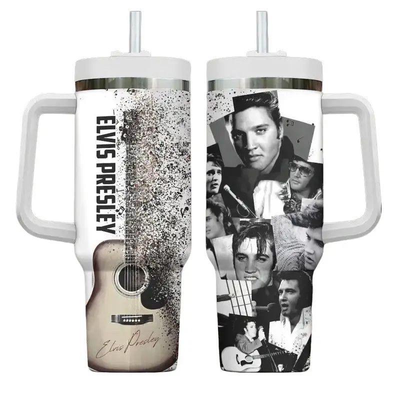 Elvis Presley 40oz Insulated Stainless Steel Tumbler - Reusable Water Bottle with Straw, Handle, Lid, Guitar & Photo Collage Design, Rock and Roll Gift for Rock Lovers, Insulation, Bottles
