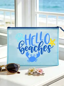 Colorful transparent mesh beach bag with crab and shell seaside prints. Large capacity stylish cosmetic pouch for beach essentials storage.
